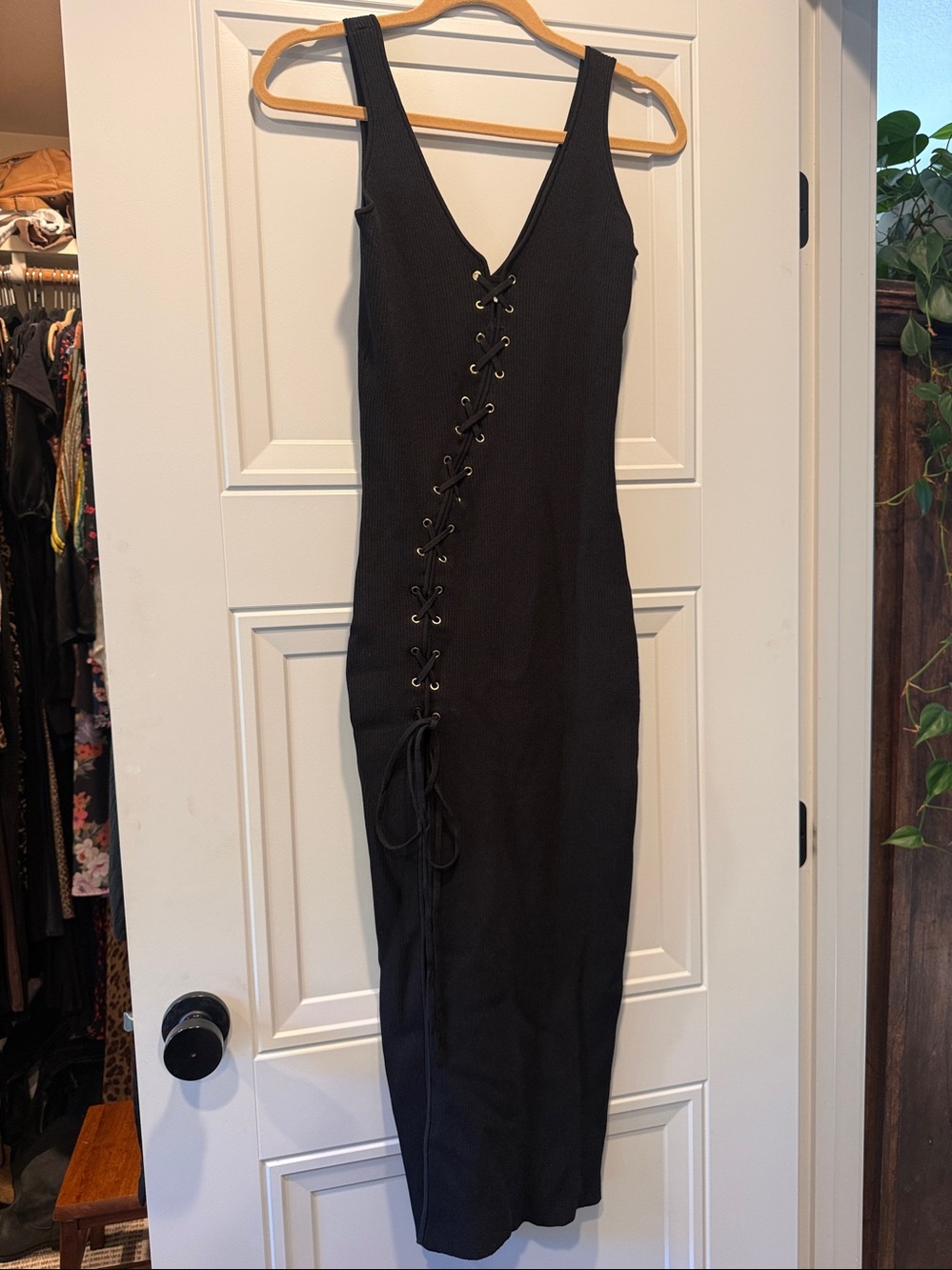Ronny Kobo Collection Black Lace-Up Ribbed Maxi Dress